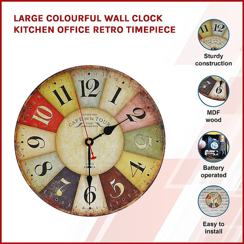 Large Colourful Wall Clock Kitchen  Office Retro Timepiece