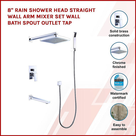 8 Rain Shower Head Straight Wall Arm Mixer Set Wall Bath Spout Outlet Tap