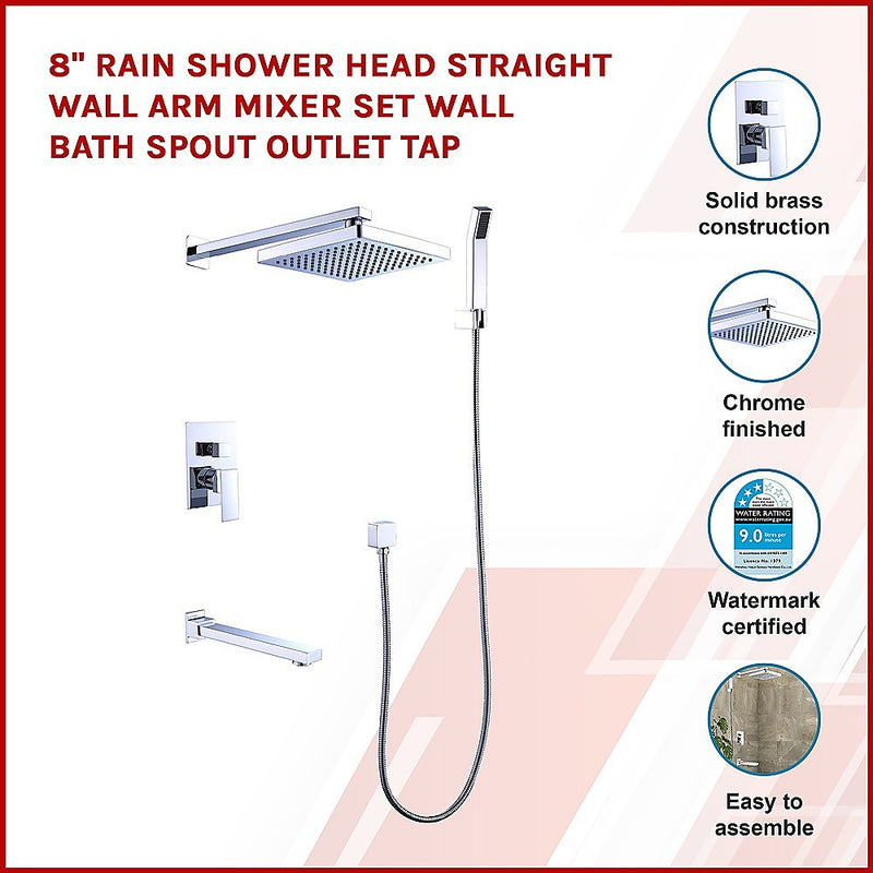 8 Rain Shower Head Straight Wall Arm Mixer Set Wall Bath Spout Outlet Tap"