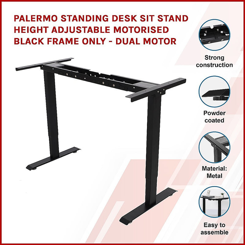 Palermo Standing Desk Sit Stand Height Adjustable Motorised Black Frame Only - Dual Motor