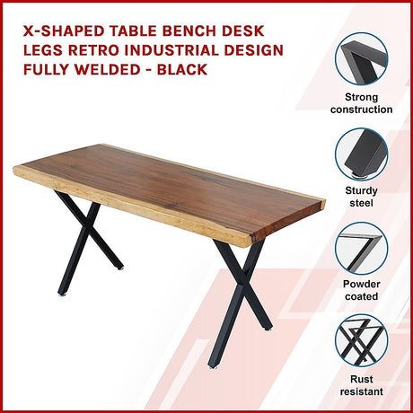 X-Shaped Table Bench Desk Legs Retro Industrial Design Fully Welded - Black