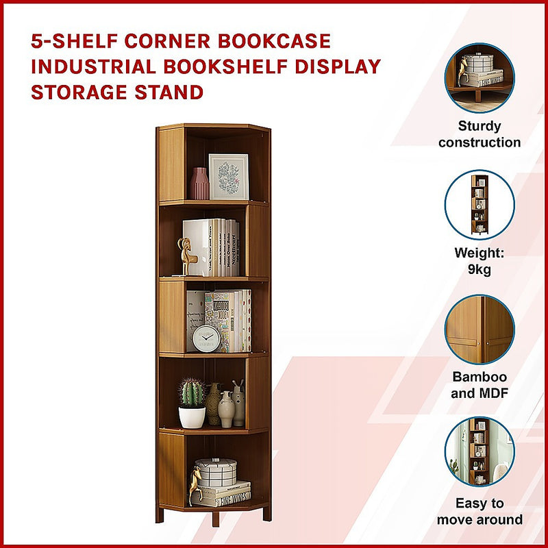 5-Shelf Corner Bookcase Industrial Bookshelf Display Storage Stand