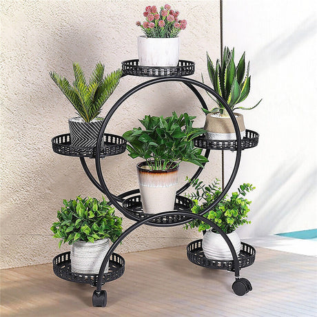 4 Layer 6 Pots Flower Holder Plant Stand Shelf 4-Wheel Free Moving Rack