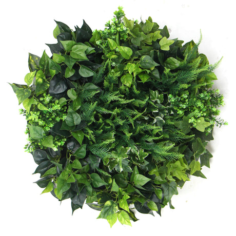 Slimline Artificial Green Wall Disc Art 60cm Mixed Green Fern & Ivy (Fresh White)