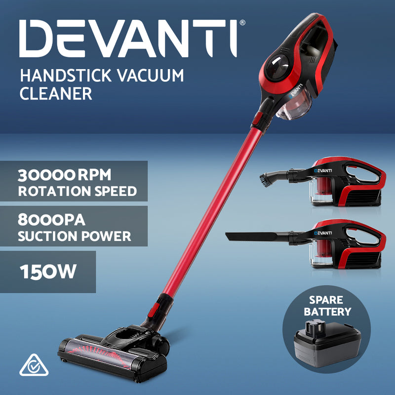Devanti Handheld Vacuum Cleaner Cordless Stick Handstick Bagless Vac Spare Battery 150W Red