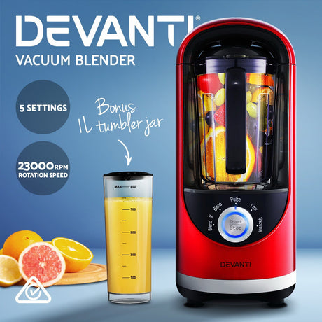 Devanti Vacuum Blender Commercial Juicer Mixer Food Processor Ice Crush Red