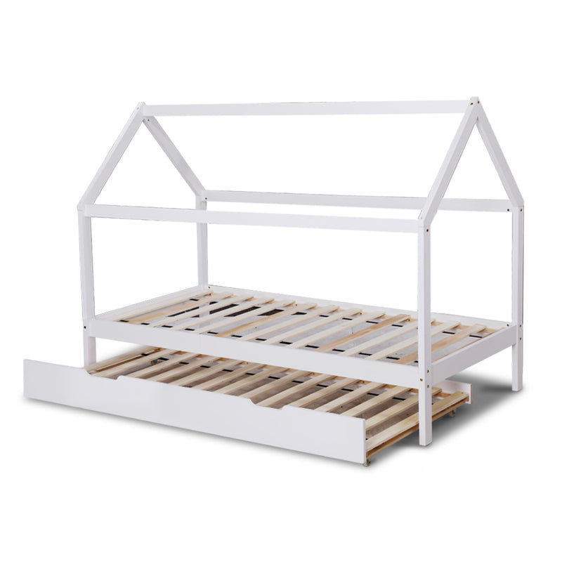 Artiss Wooden Bed Frame Single Size Trundle Mattress Base Timber Platform Pine Wood White