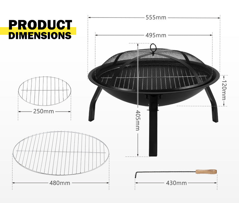 22" Fire Pit BBQ Grill Pits Outdoor Portable Fireplace Heater Garden Patio