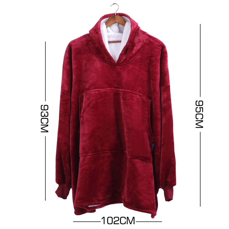 2 Pcs DreamZ Plush Fleece Sherpa Hoodie Sweatshirt Huggle Blanket Pajamas Red