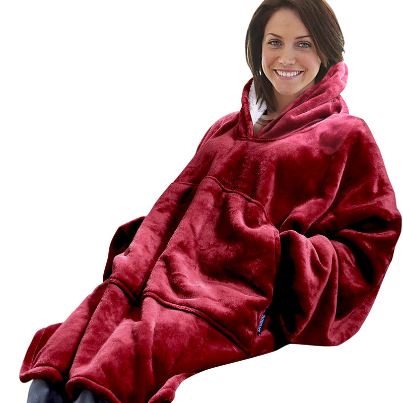 DreamZ Plush Fleece Sherpa Hoodie Sweatshirt Huggle Blanket Pajamas Burgundy