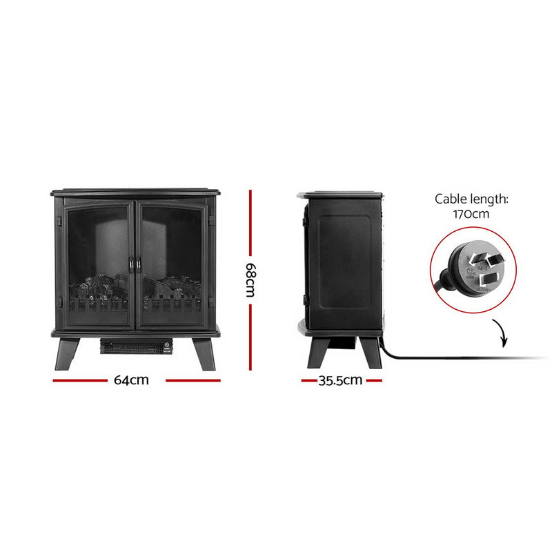 Devanti Electric Fireplace Heater Portable Fire Log Wood Effect Dual Door 1800W Black
