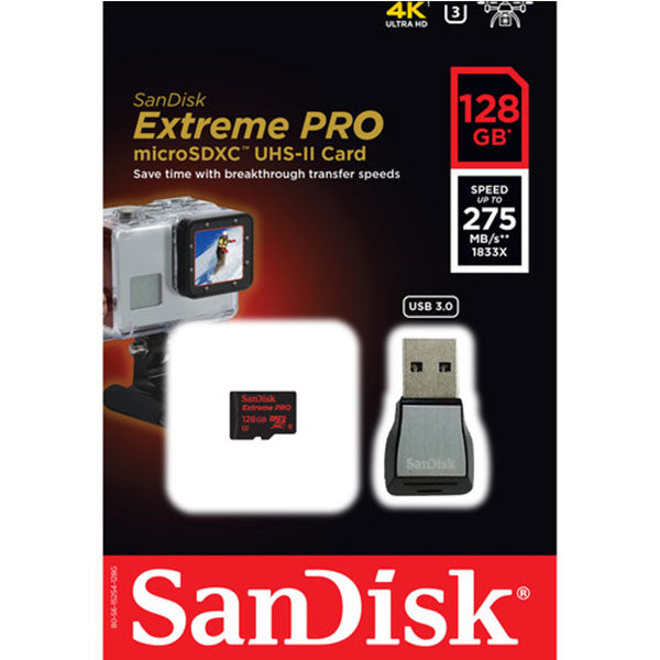 Sandisk Extreme Pro micro SDXC UHS-II 128GB Class 10 up to 275mb/s,with microSD to USB 3.0 adaptor  SDSQXPJ-128G