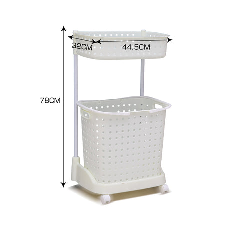 2 Tier Bathroom Laundry Clothes Baskets Bin Hamper Mobile Rack Removable Shelf