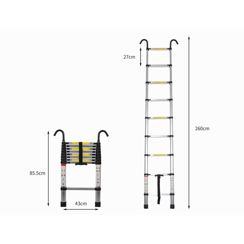2.6M Telescopic Aluminium Ladder Safety Hooks Extension Extendable Compact Xmas