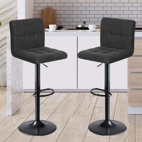 Levede 2x Kitchen Bar Stools Gas Lift Chairs 360° Swivel Steel Grey Linen Fabric