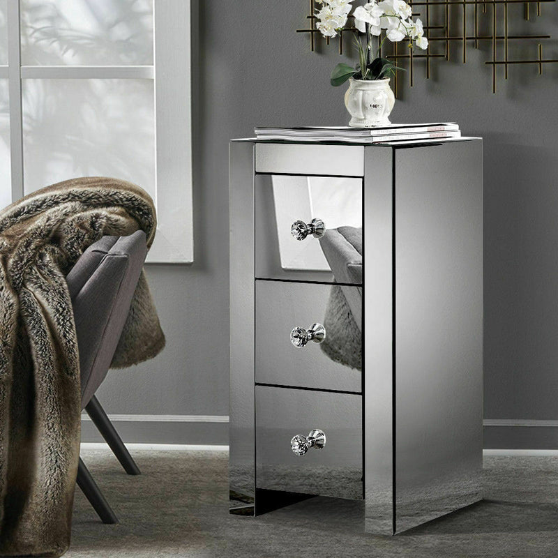 2x Levede Mirrored Bedside Tables Chest Nightstand Crystal Glass Table 3 Drawer