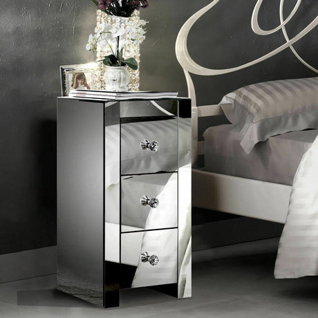 2x Levede Mirrored Bedside Tables Chest Nightstand Crystal Glass Table 3 Drawer