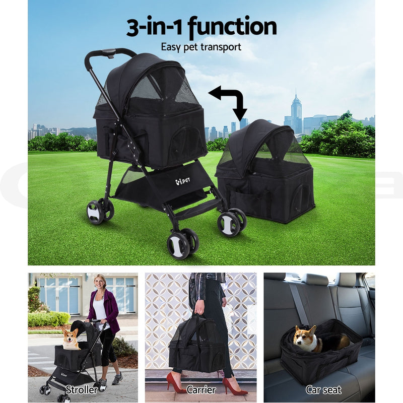 i.Pet Pet Stroller Dog Carrier Foldable Pram 3 IN 1 Middle Size Black