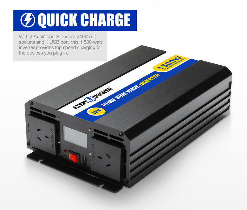Power Inverter 12V to 240V 1500W/3000W Pure Sine Wave Camping Car Boat