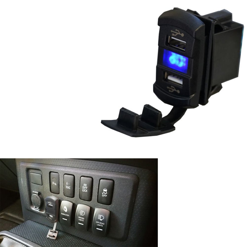 LightFox Dual Blue USB Car Charger 12-24V Socket ARB Roker Voltmeter
