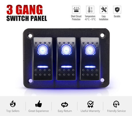 3 Gang Rocker Switch Panel Pre Wired Dual LED Boat Caravan Marine Car 12V 24V