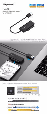 Simplecom SA205 Compact USB 3.0 to SATA Adapter Cable Converter for 2.5 SSD/HDD