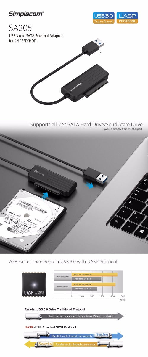 Simplecom SA205 Compact USB 3.0 to SATA Adapter Cable Converter for 2.5 SSD/HDD"