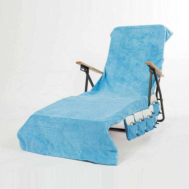Travel Holiday Sun Lounger Mate Beach Towel Bath Shower Pocket Chair Cover Blue