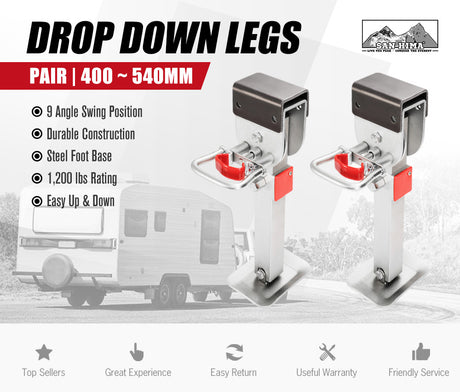 2pcs 400MM Corner Legs Drop Down W/Handle Steel Base 1200LBS Caravan Stabilizer Leg