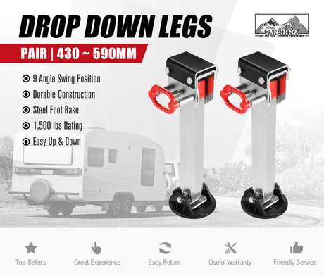 2pcs 590MM Corner Legs Drop Down W/Handle Steel Base 1500LBS Caravan Stabilizer Leg